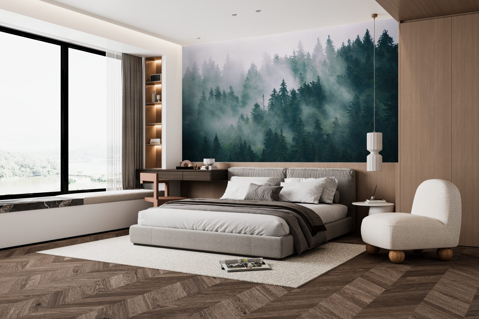 Papier peint heure matinale brumeuse dans une forêt de conifères