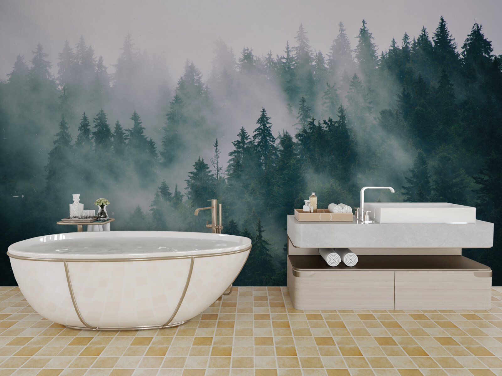 Papier peint heure matinale brumeuse dans une forêt de conifères