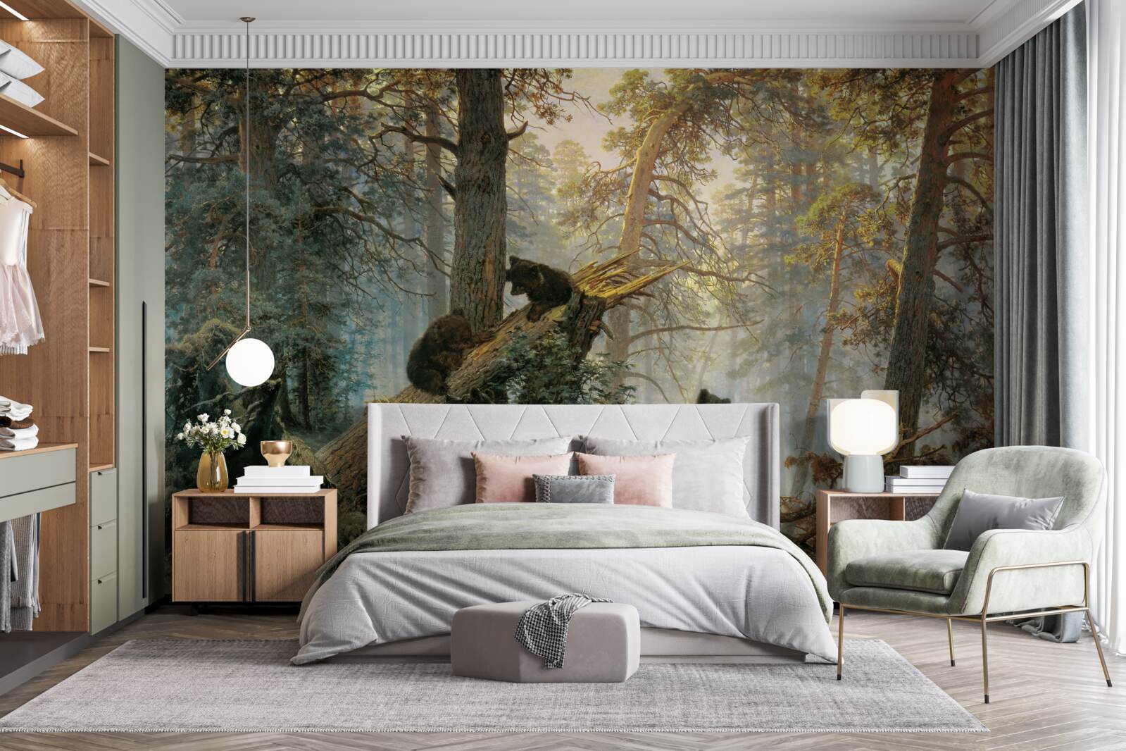 Papier peint L'aube dans une forêt où les pins sont rois