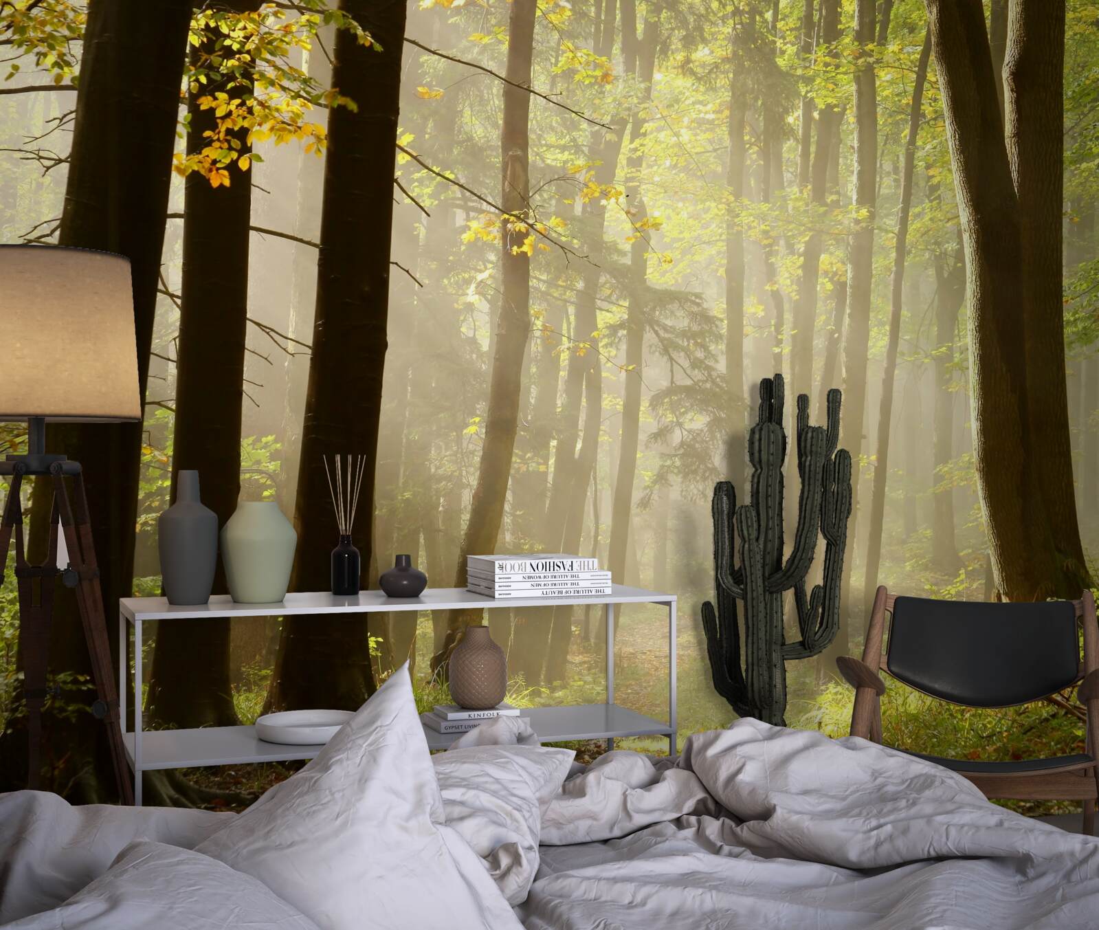 Papier peint les rayons du soleil matinal percent le brouillard dans le désert