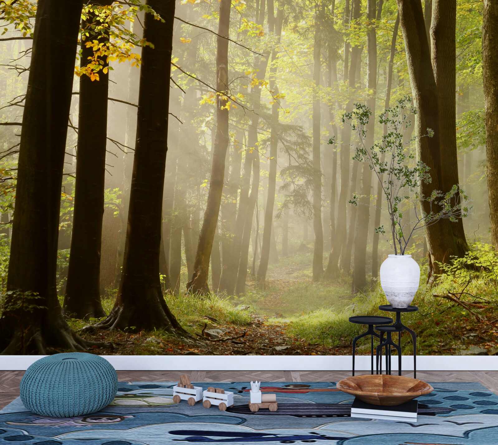 Papier peint les rayons du soleil matinal percent le brouillard dans le désert