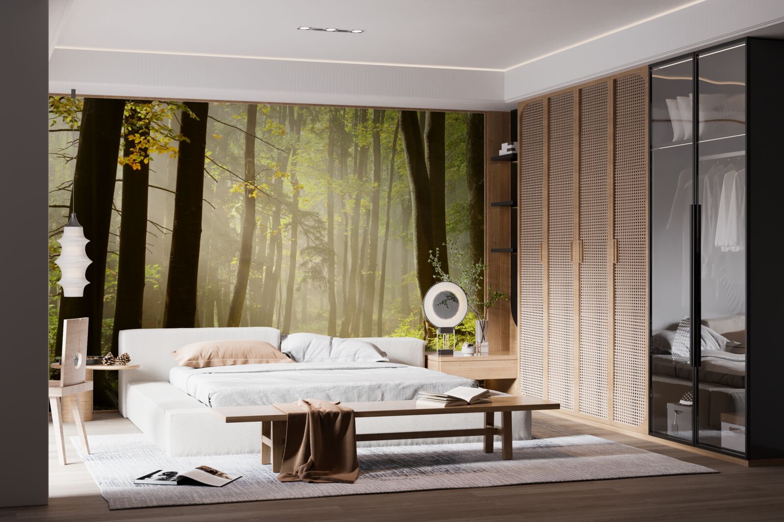 Papier peint les rayons du soleil matinal percent le brouillard dans le désert