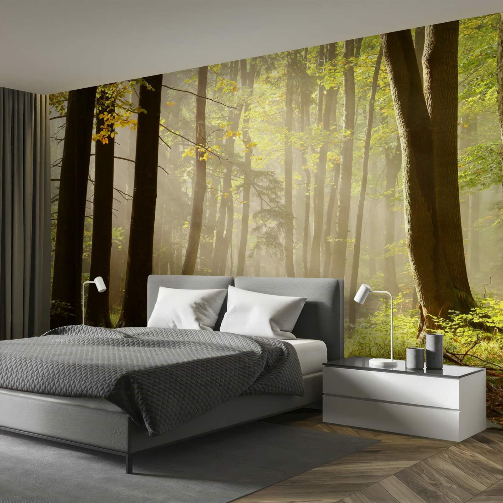 Papier peint les rayons du soleil matinal percent le brouillard dans le désert