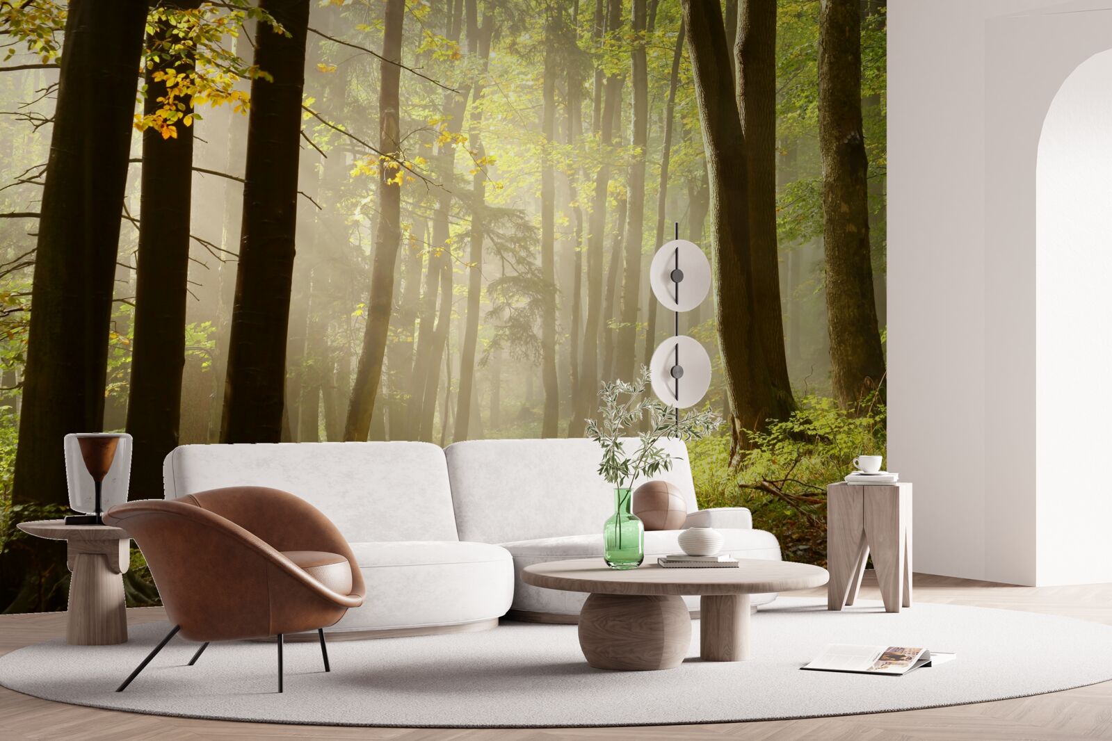 Papier peint les rayons du soleil matinal percent le brouillard dans le désert