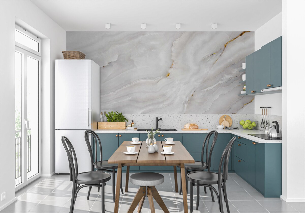 Papier peint ondes lumineuses sur un marbre blanc comme neige