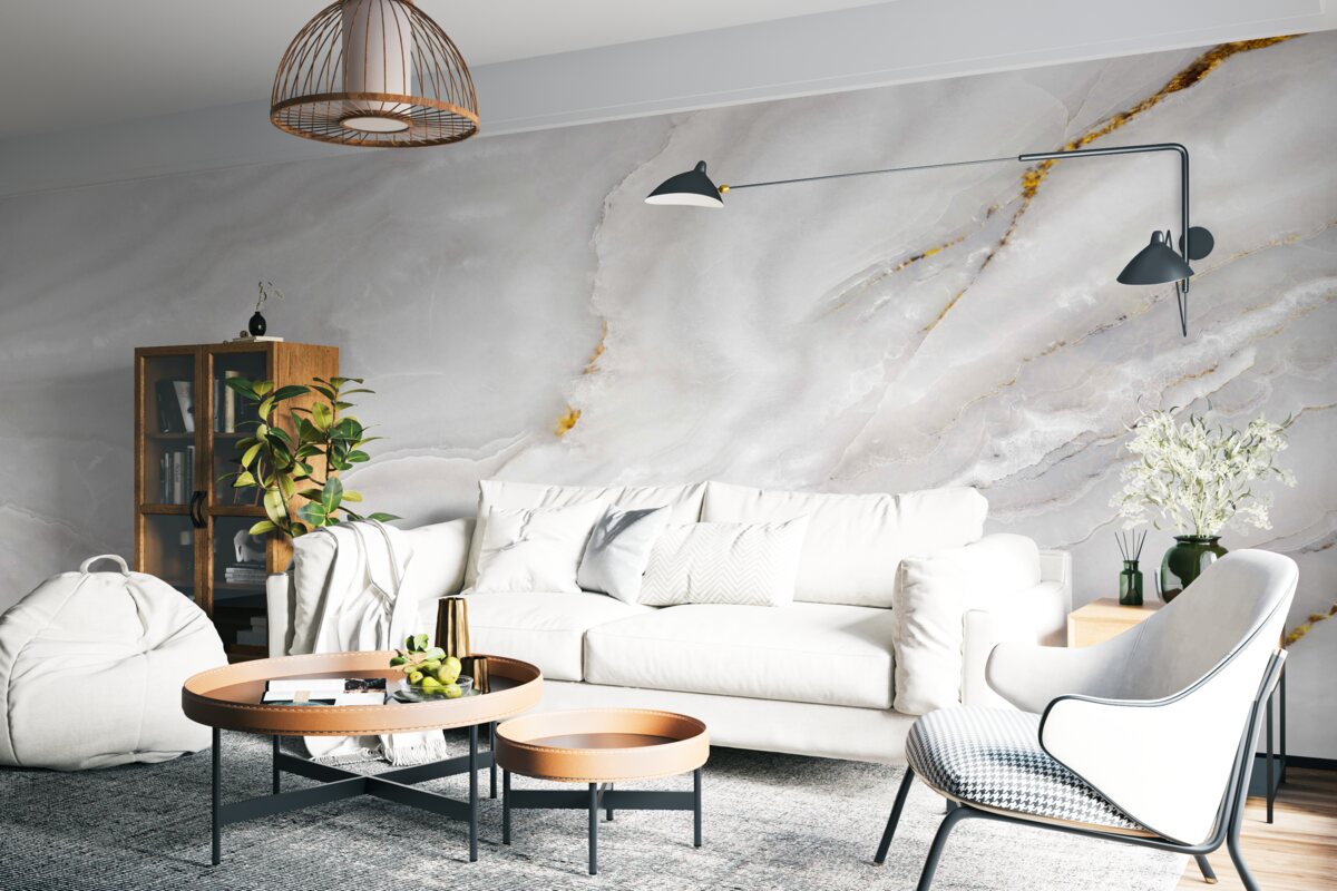 Papier peint ondes lumineuses sur un marbre blanc comme neige