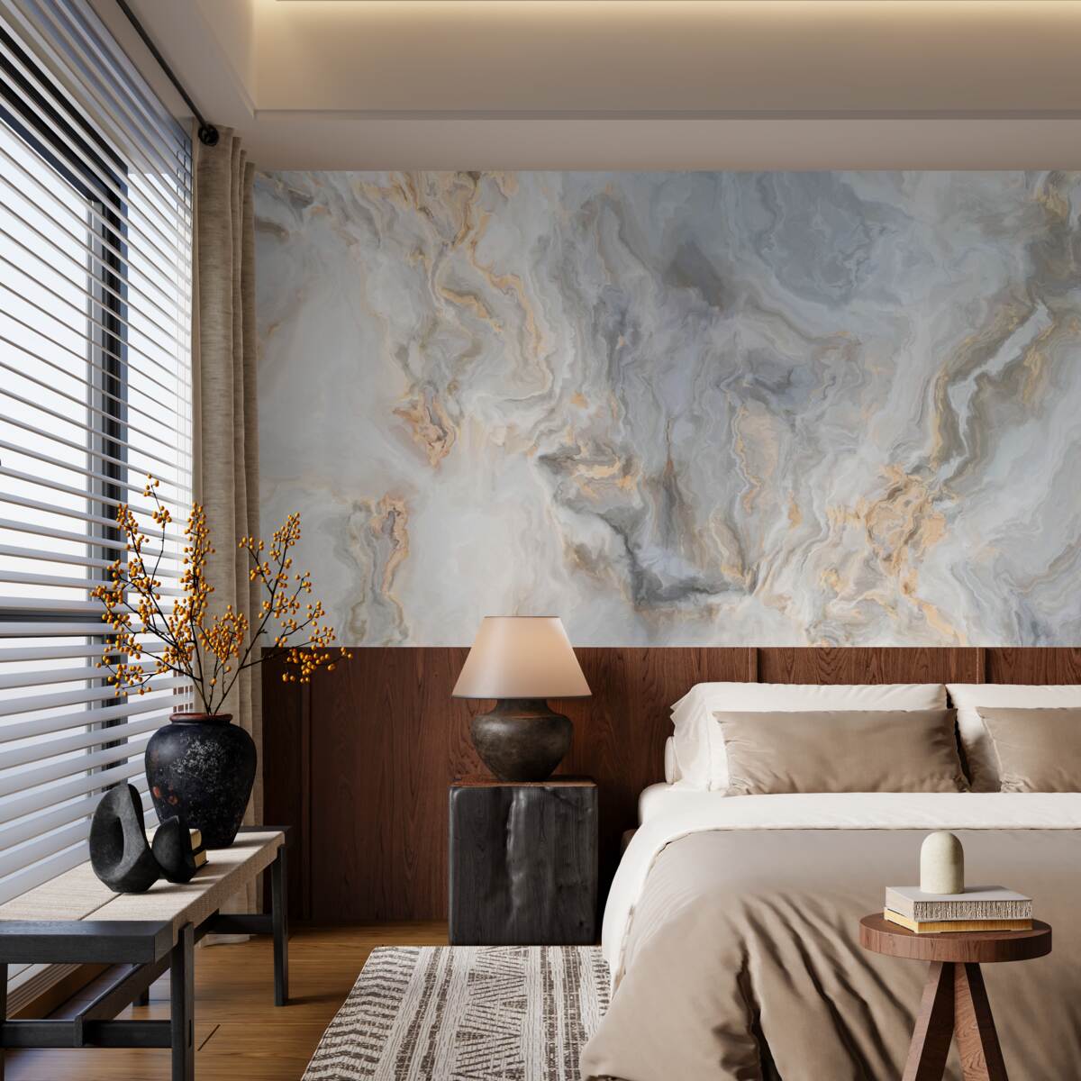 Papier peint fond gris, décoré de tons dorés