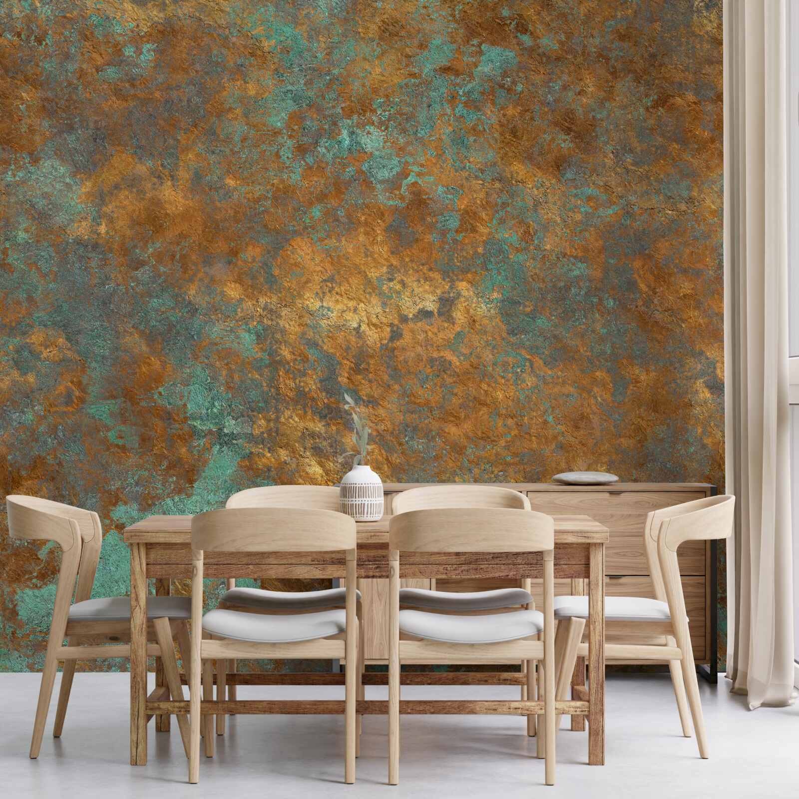 Papier peint reflets bronze avec des nuances de turquoise