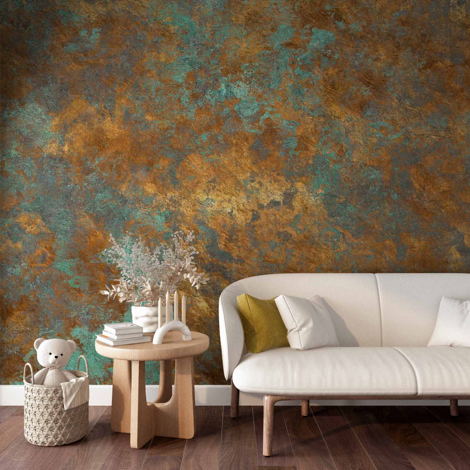 Papier peint reflets bronze avec des nuances de turquoise