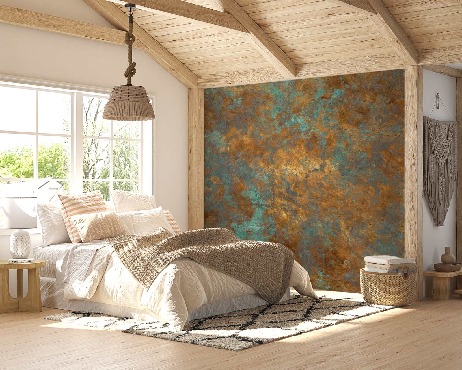 Papier peint reflets bronze avec des nuances de turquoise