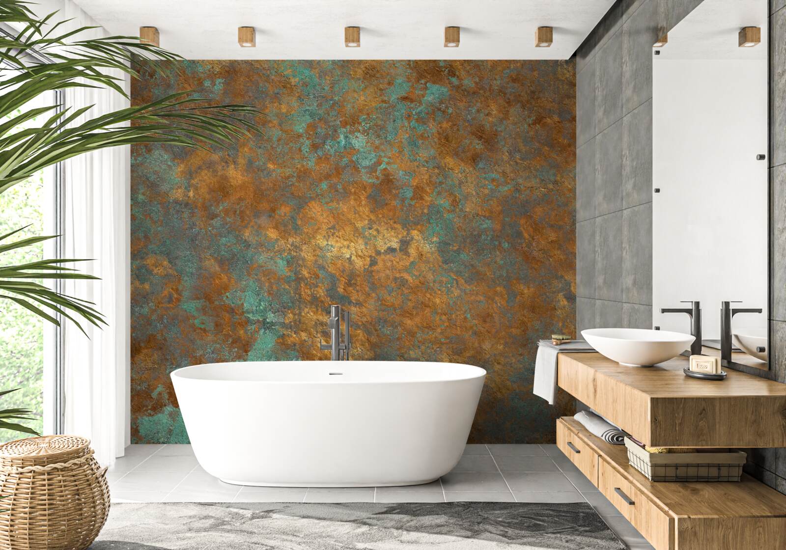 Papier peint reflets bronze avec des nuances de turquoise