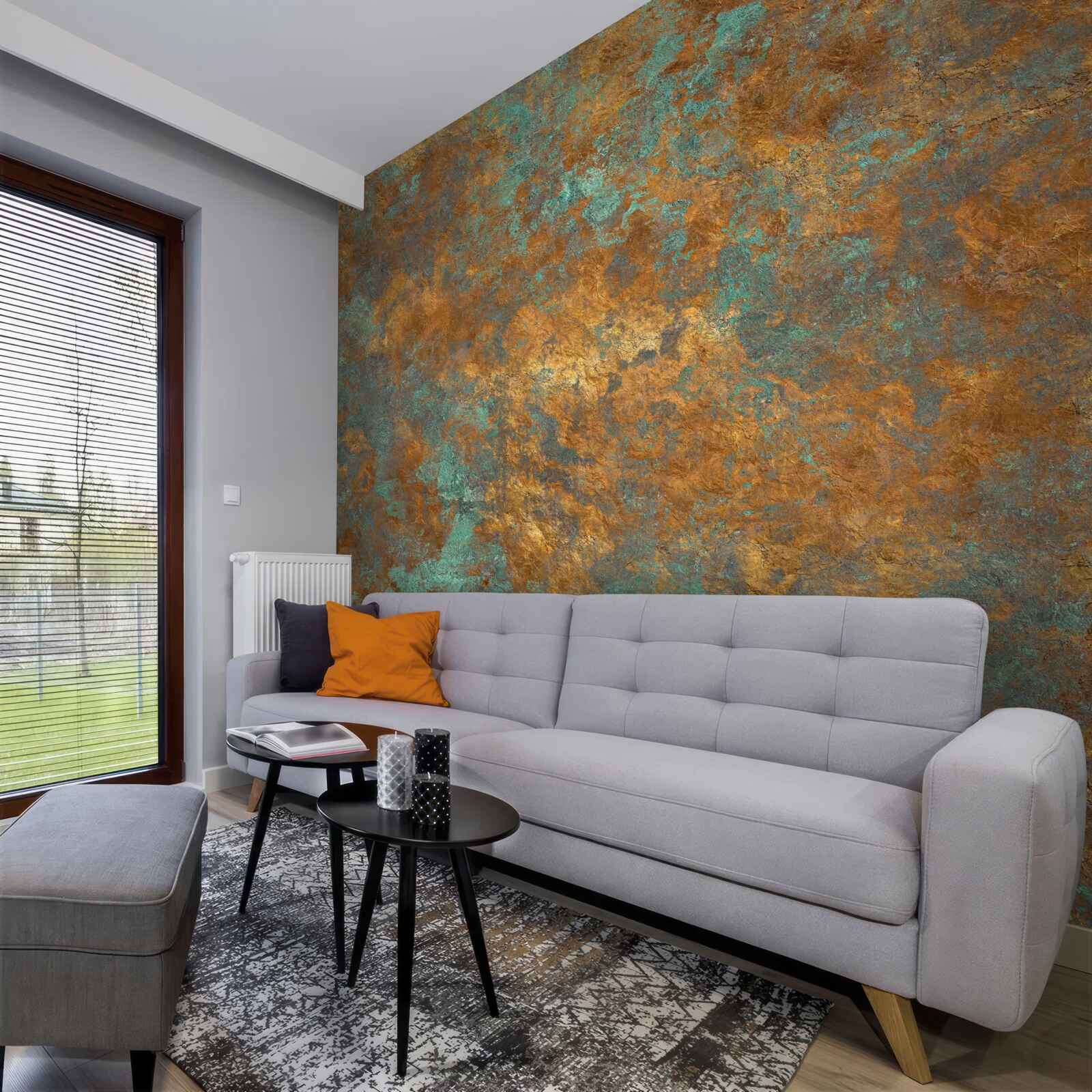 Papier peint reflets bronze avec des nuances de turquoise