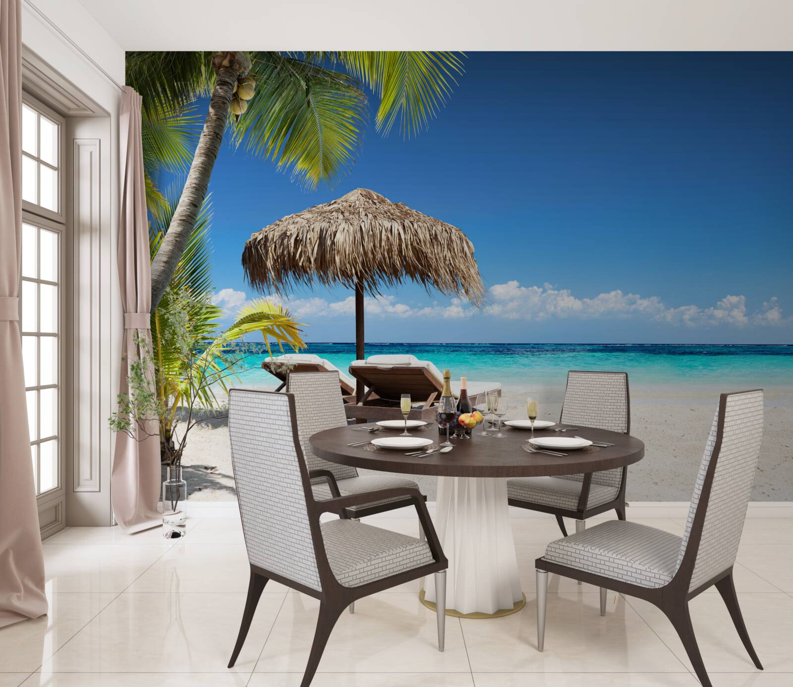 Papier peint Lits de plage avec chaises longues