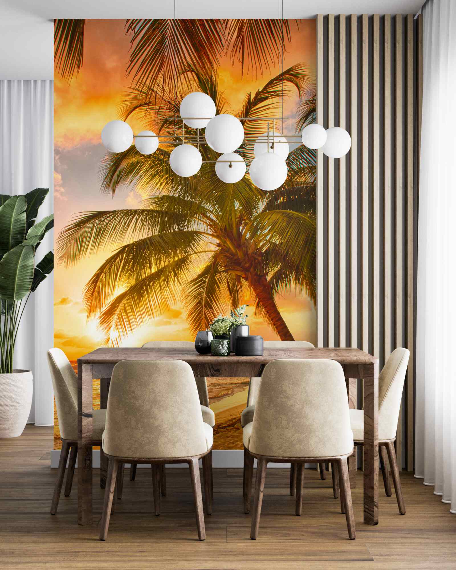 Papier peint le coucher de soleil illumine un palmier sur la plage