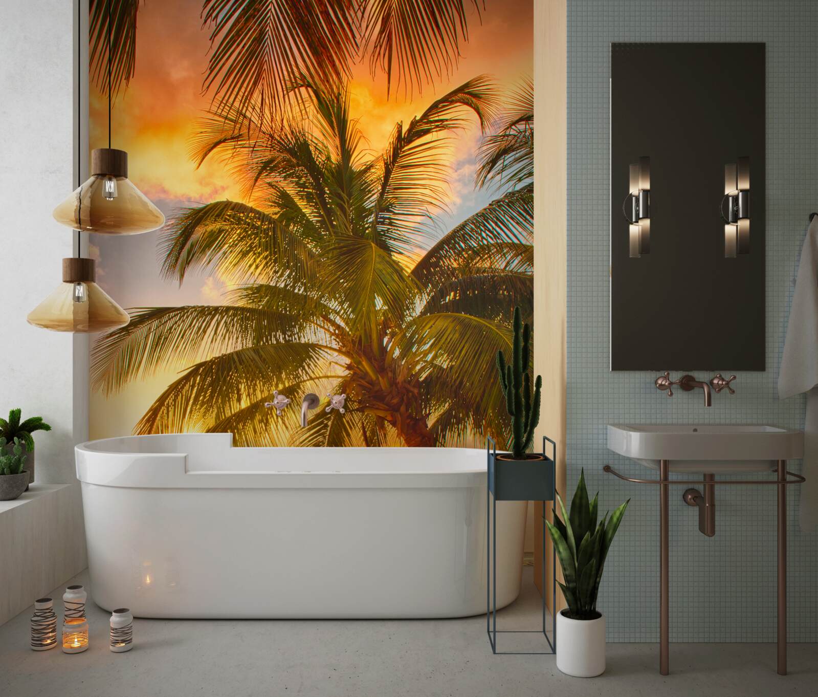 Papier peint le coucher de soleil illumine un palmier sur la plage