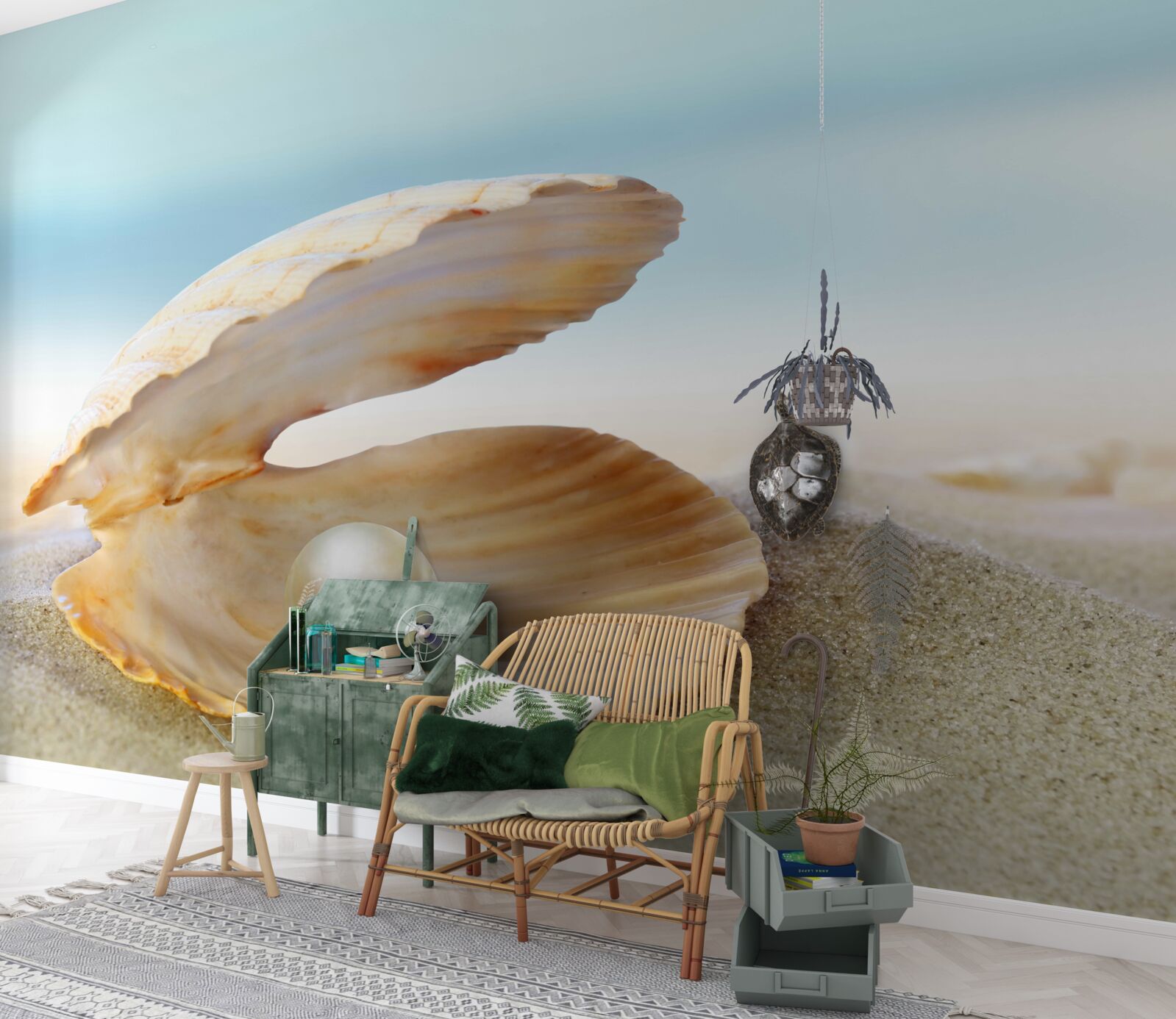 Papier peint perle dans un coquillage sur la côte