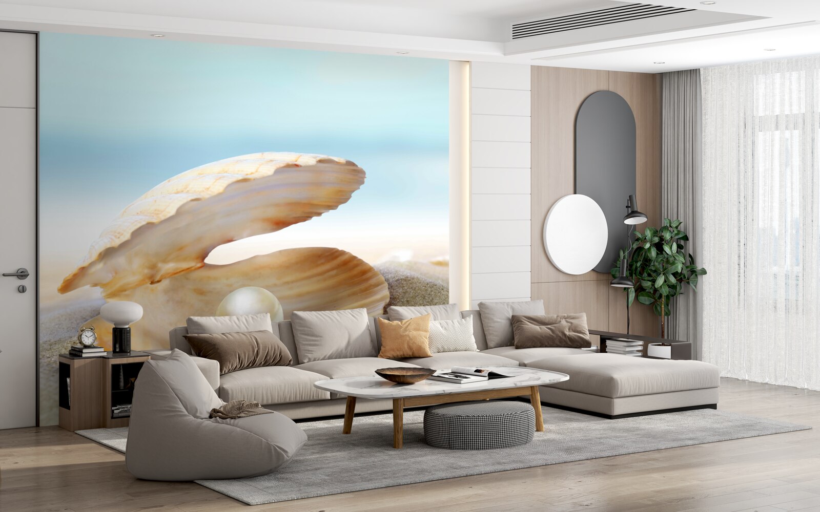 Papier peint perle dans un coquillage sur la côte