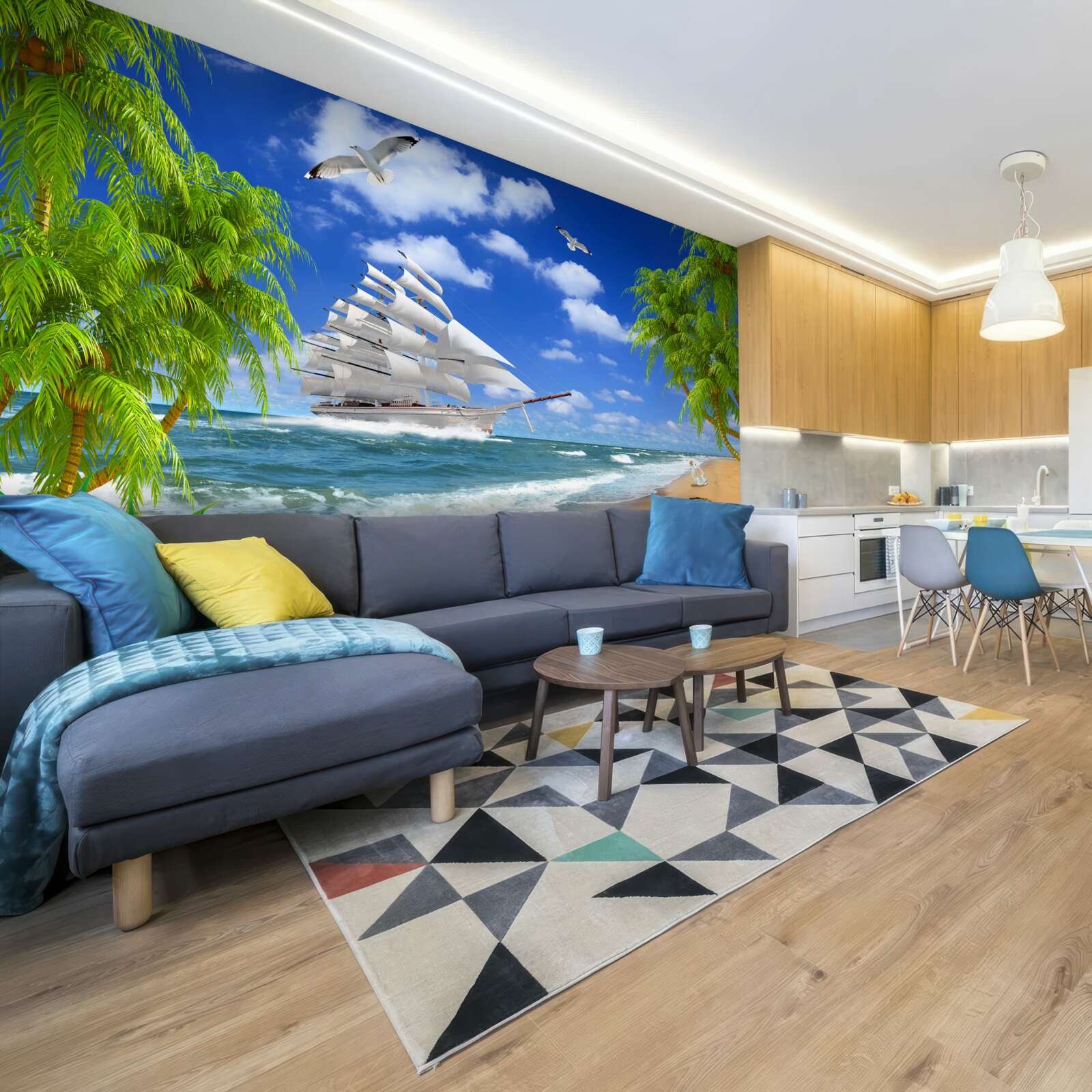 Papier peint bateau et arbres tropicaux