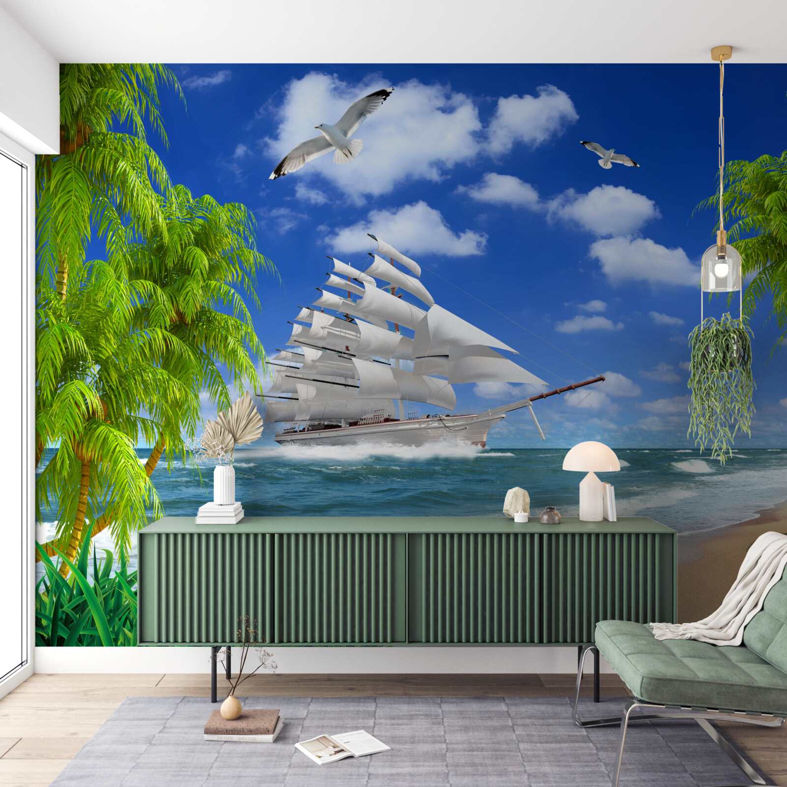 Papier peint bateau et arbres tropicaux