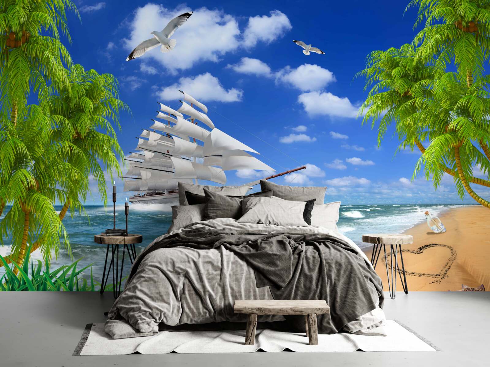 Papier peint bateau et arbres tropicaux