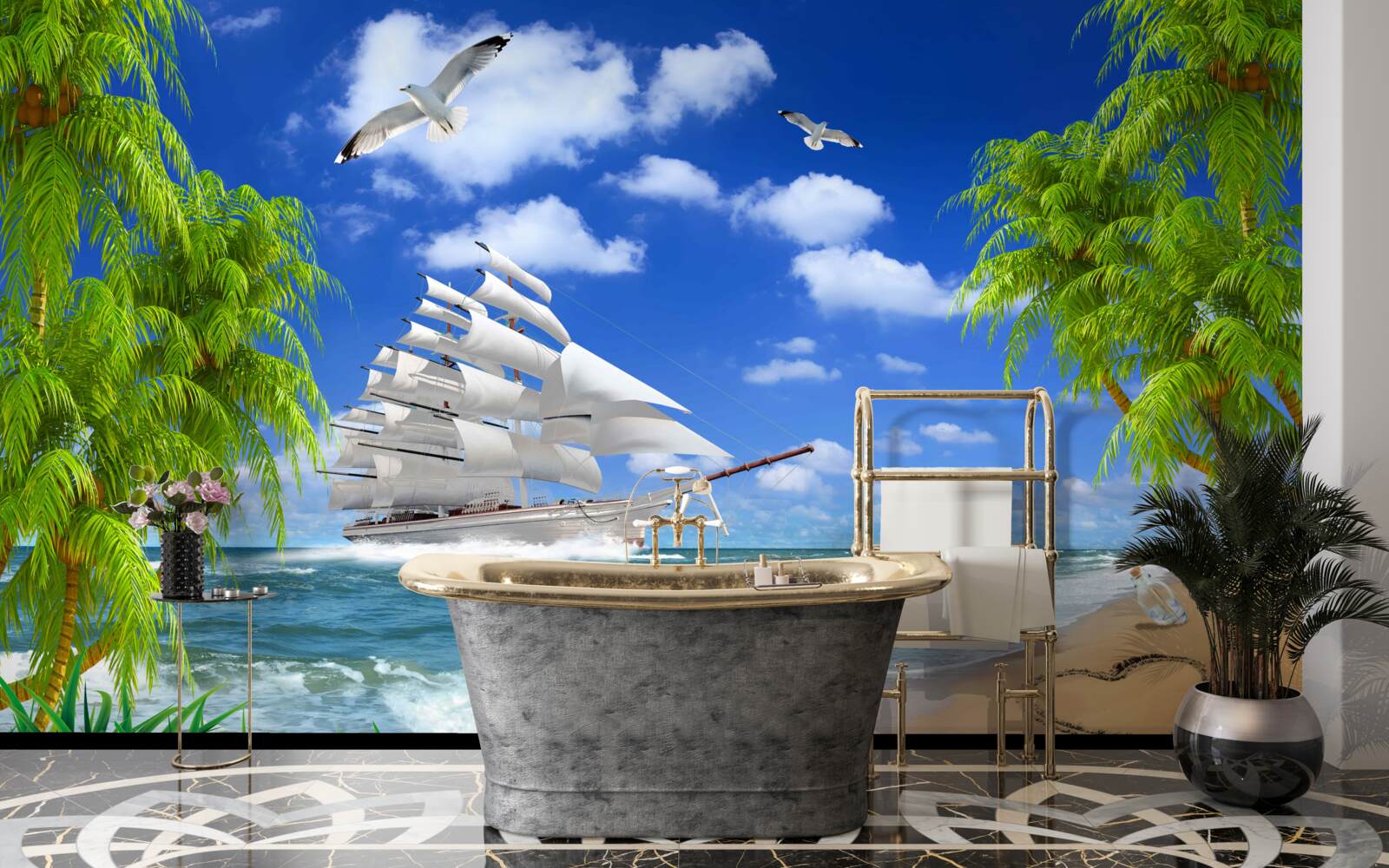 Papier peint bateau et arbres tropicaux