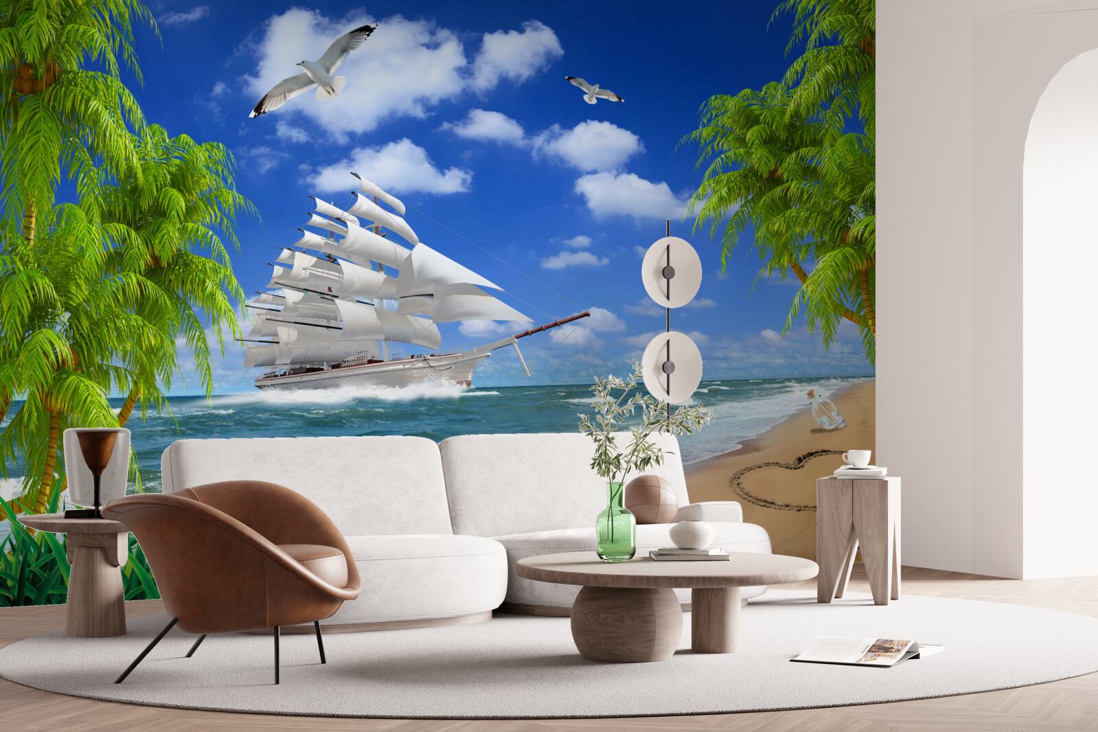 Papier peint bateau et arbres tropicaux