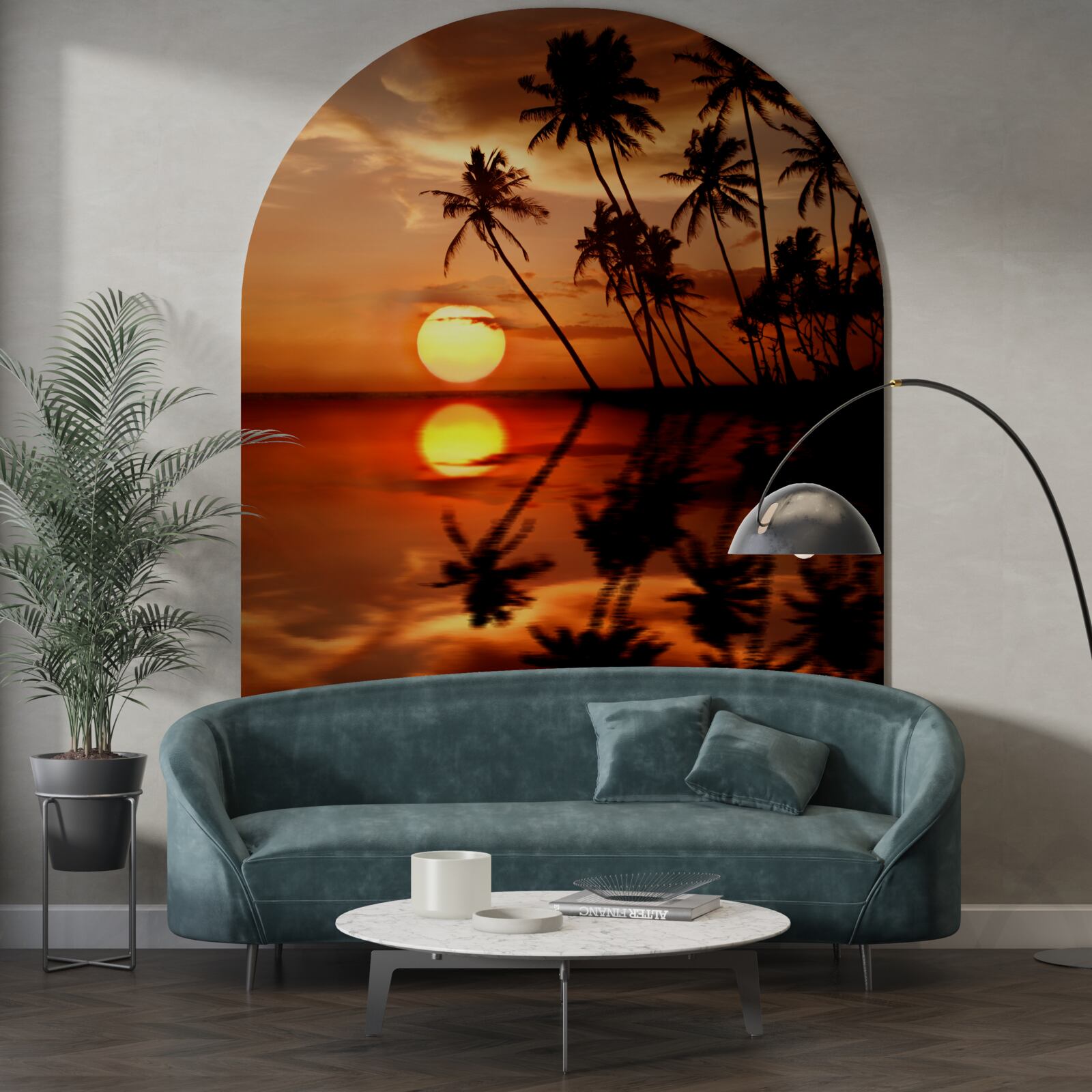 Papier peint coucher de soleil sur fond de palmiers