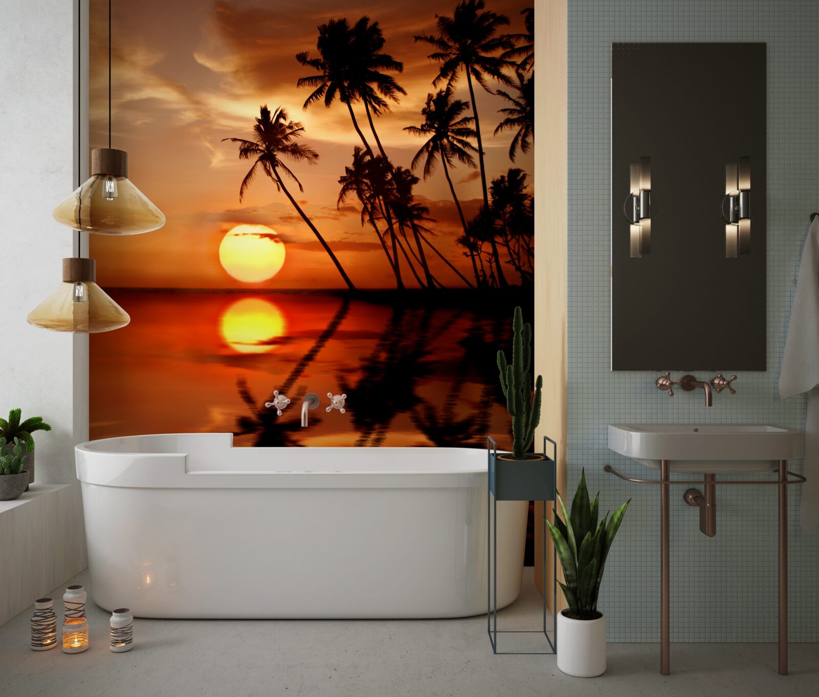 Papier peint coucher de soleil sur fond de palmiers