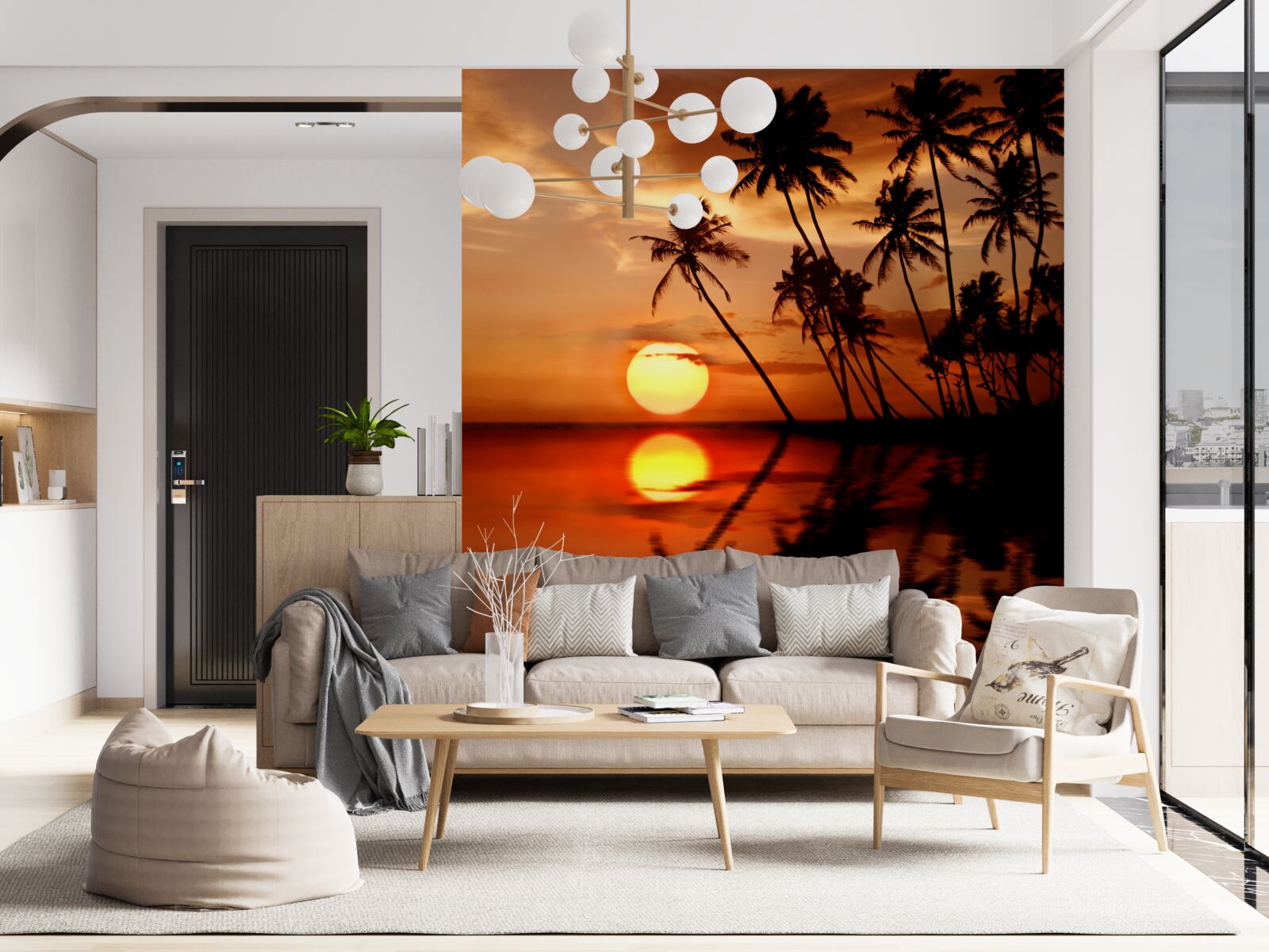 Papier peint coucher de soleil sur fond de palmiers