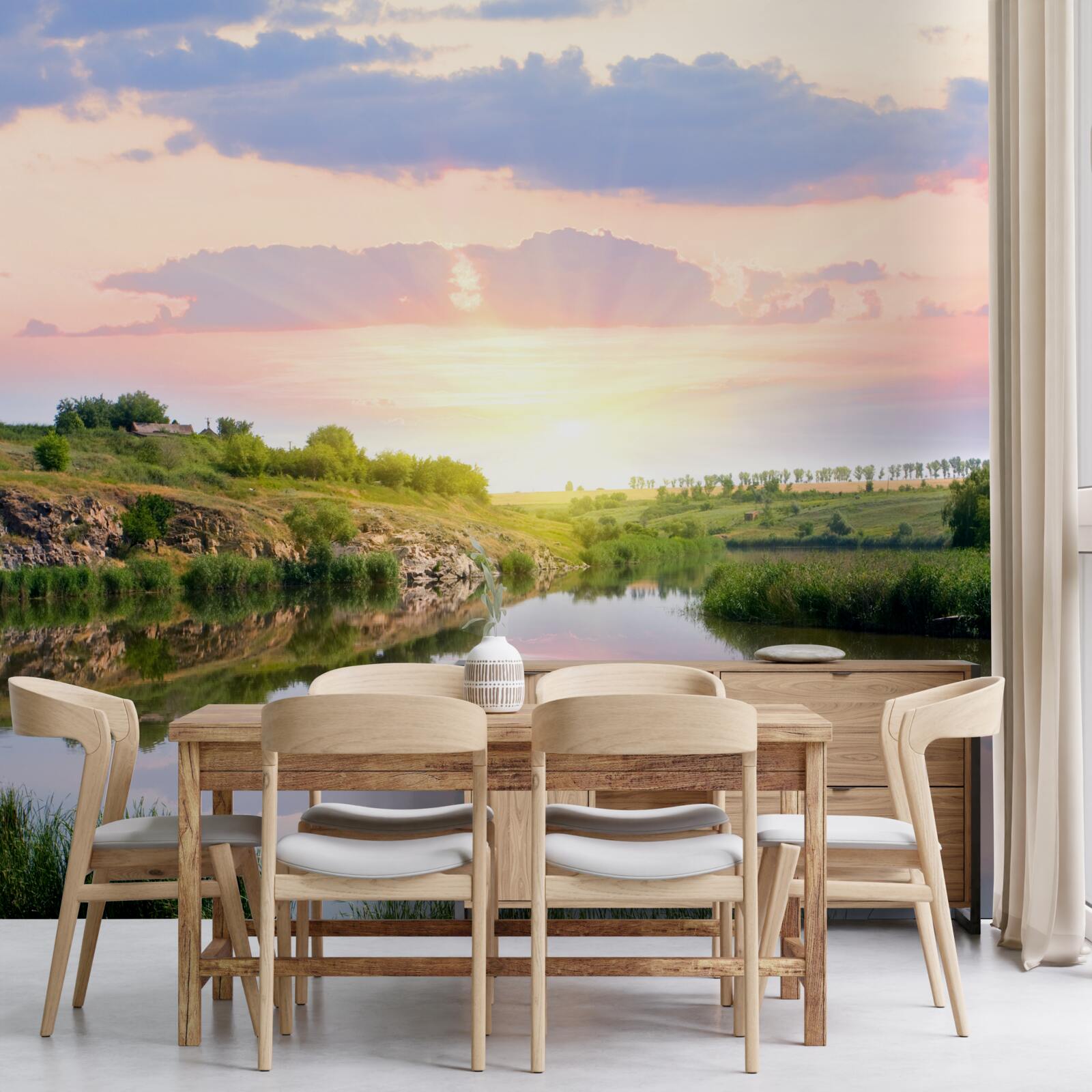 Papier peint terrasse confortable au bord d'un lac tranquille