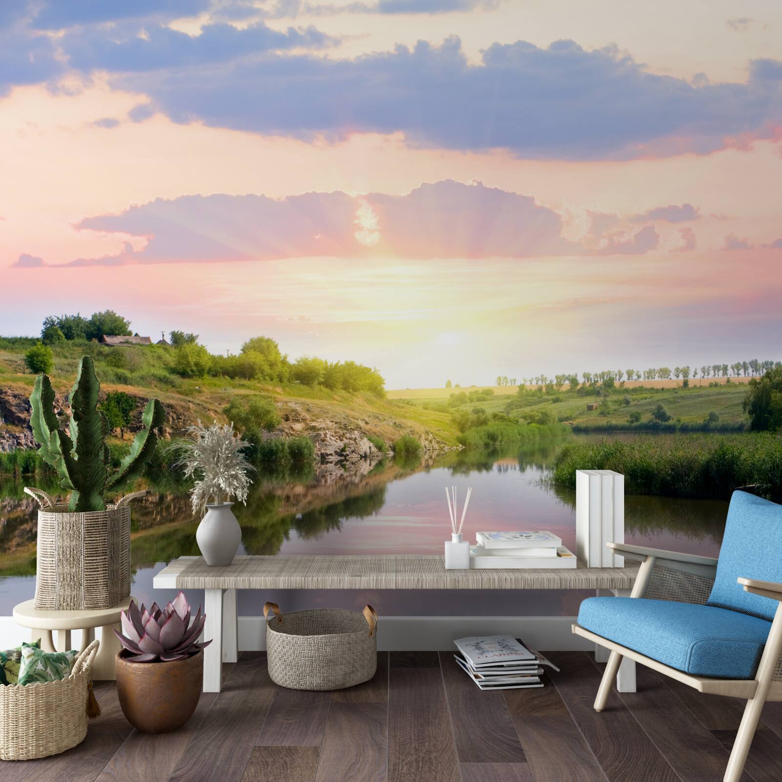 Papier peint terrasse confortable au bord d'un lac tranquille