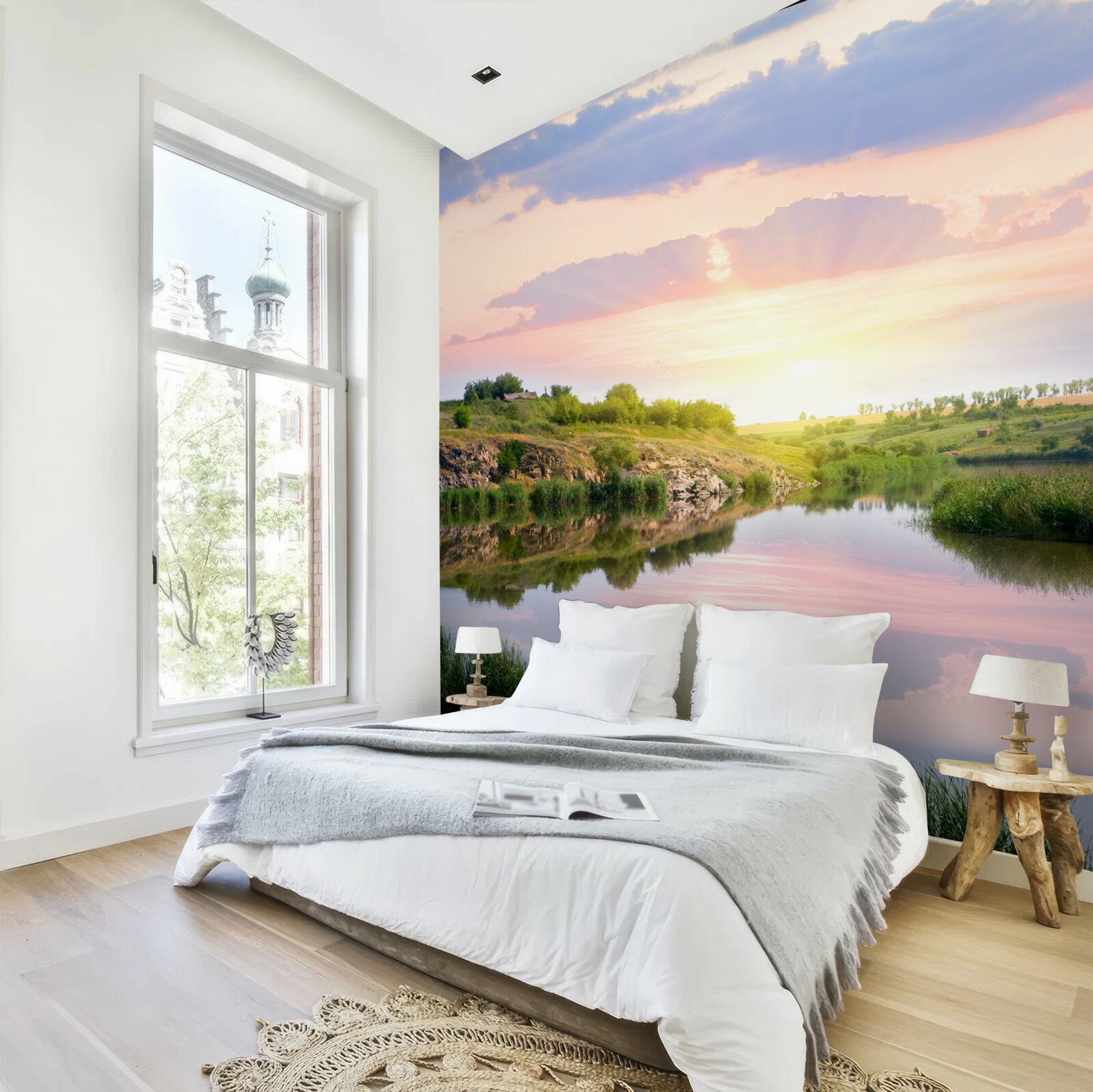 Papier peint terrasse confortable au bord d'un lac tranquille