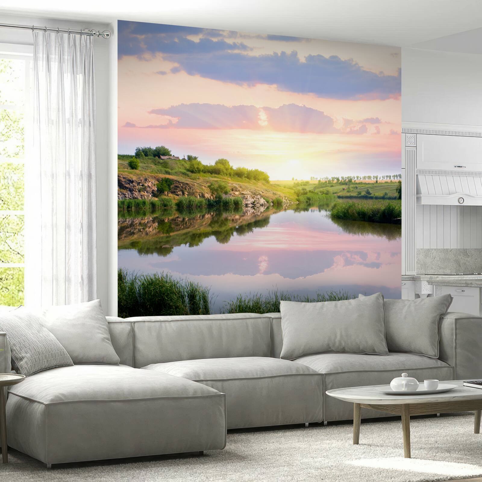 Papier peint terrasse confortable au bord d'un lac tranquille