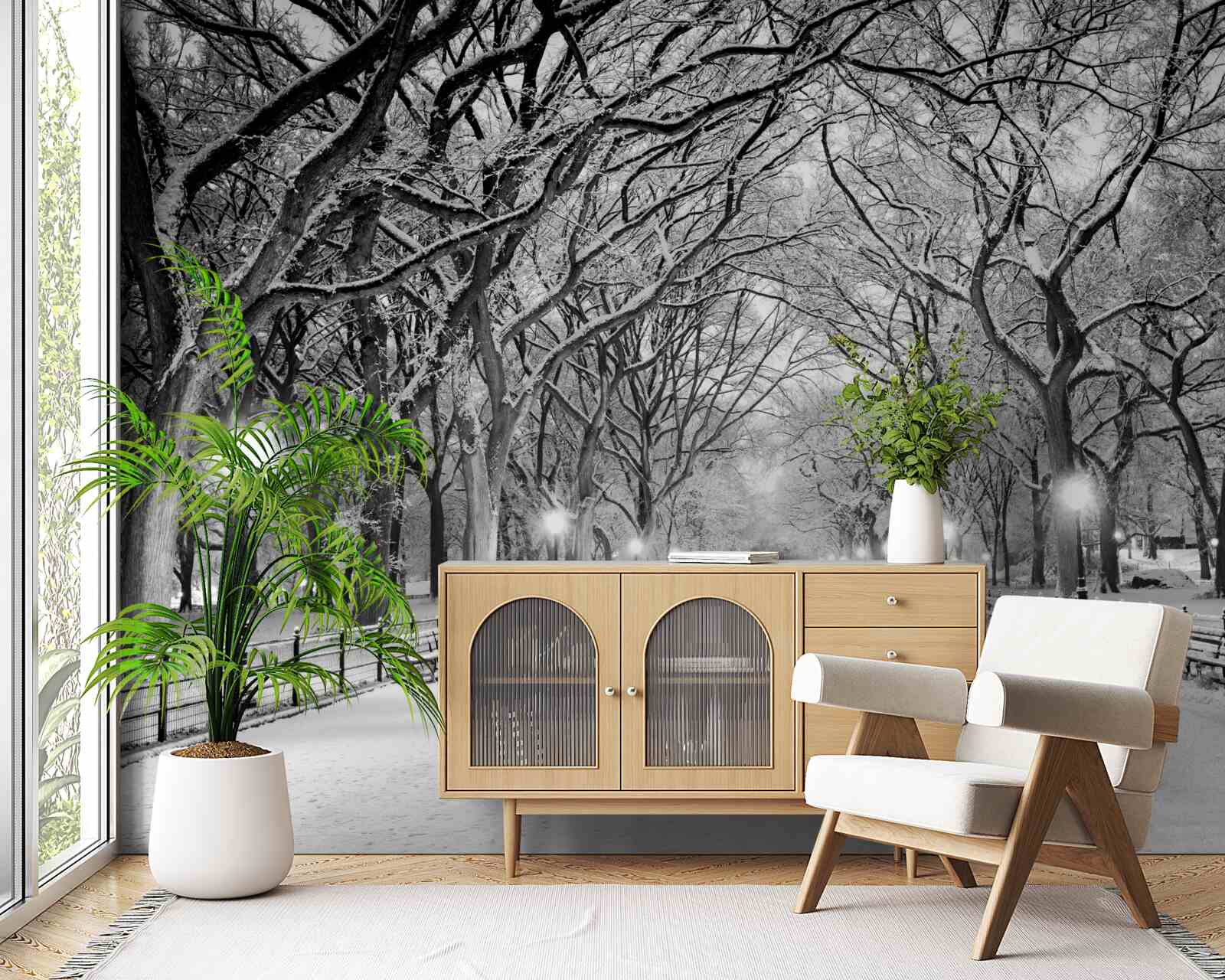 Papier peint Chemin enneigé entre les arbres