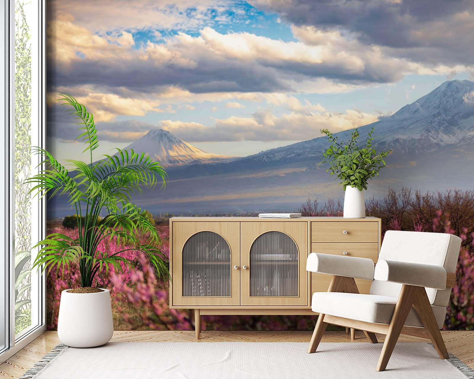 Papier peint Au pied des montagnes, les cerisiers sont fièrement en fleurs