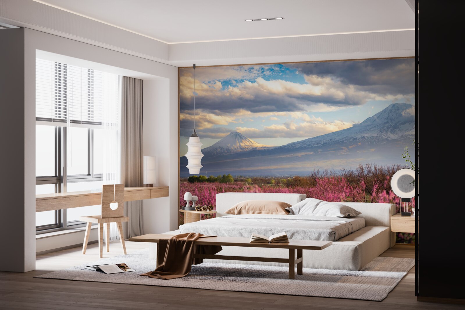 Papier peint Au pied des montagnes, les cerisiers sont fièrement en fleurs