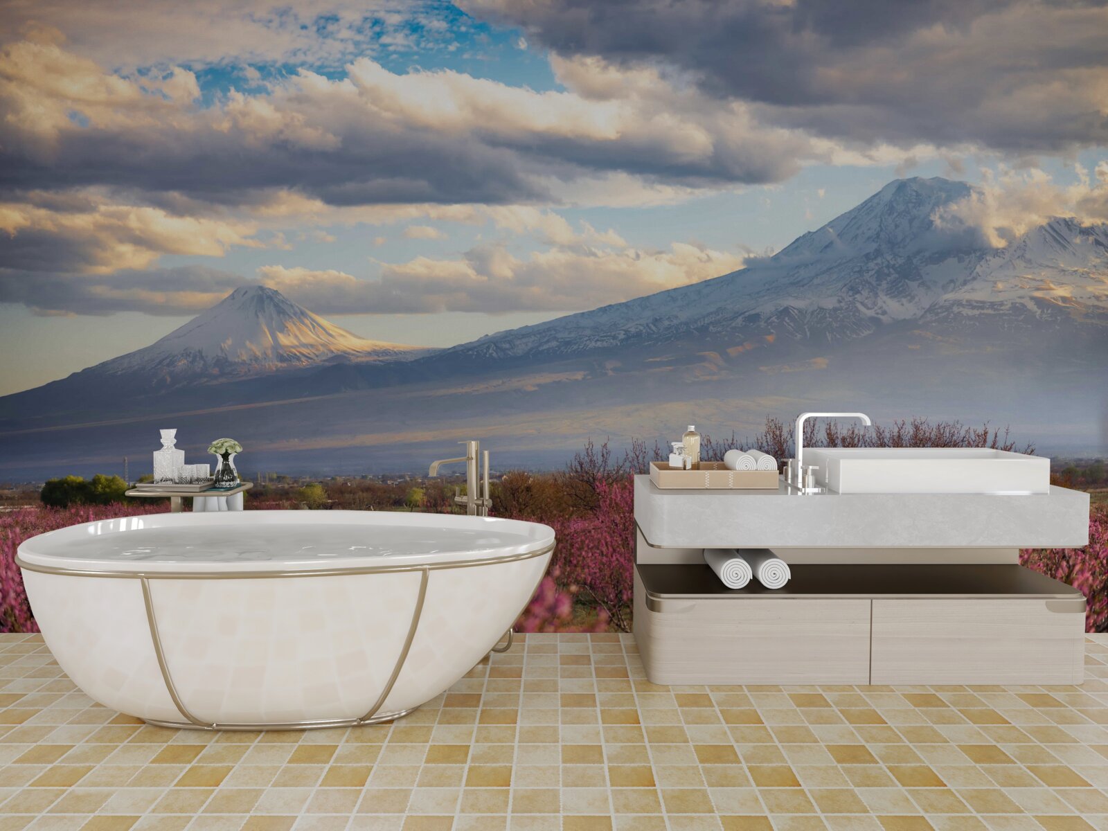 Papier peint Au pied des montagnes, les cerisiers sont fièrement en fleurs