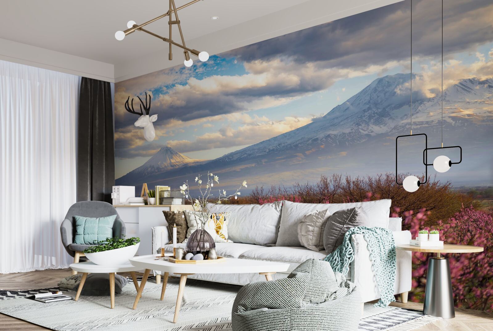 Papier peint Au pied des montagnes, les cerisiers sont fièrement en fleurs