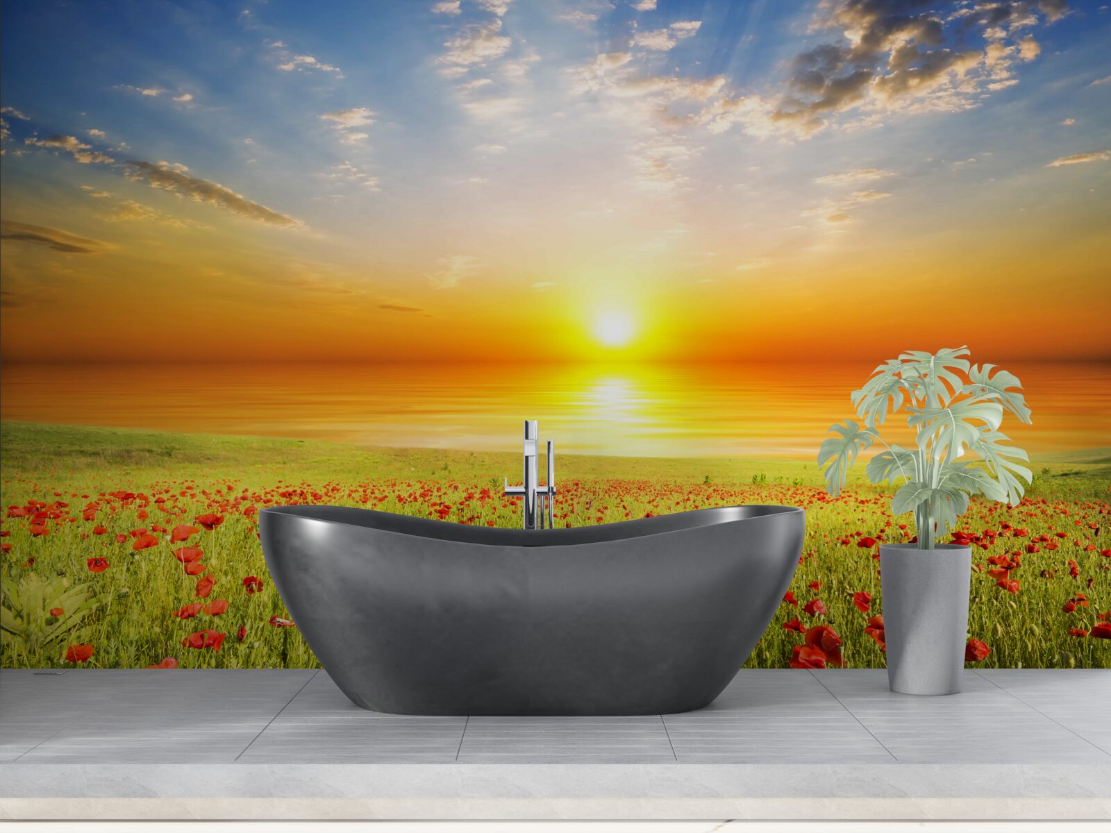 Papier peint le coucher de soleil de cet été sur une prairie parsemée de coquelicots est plein de couleurs