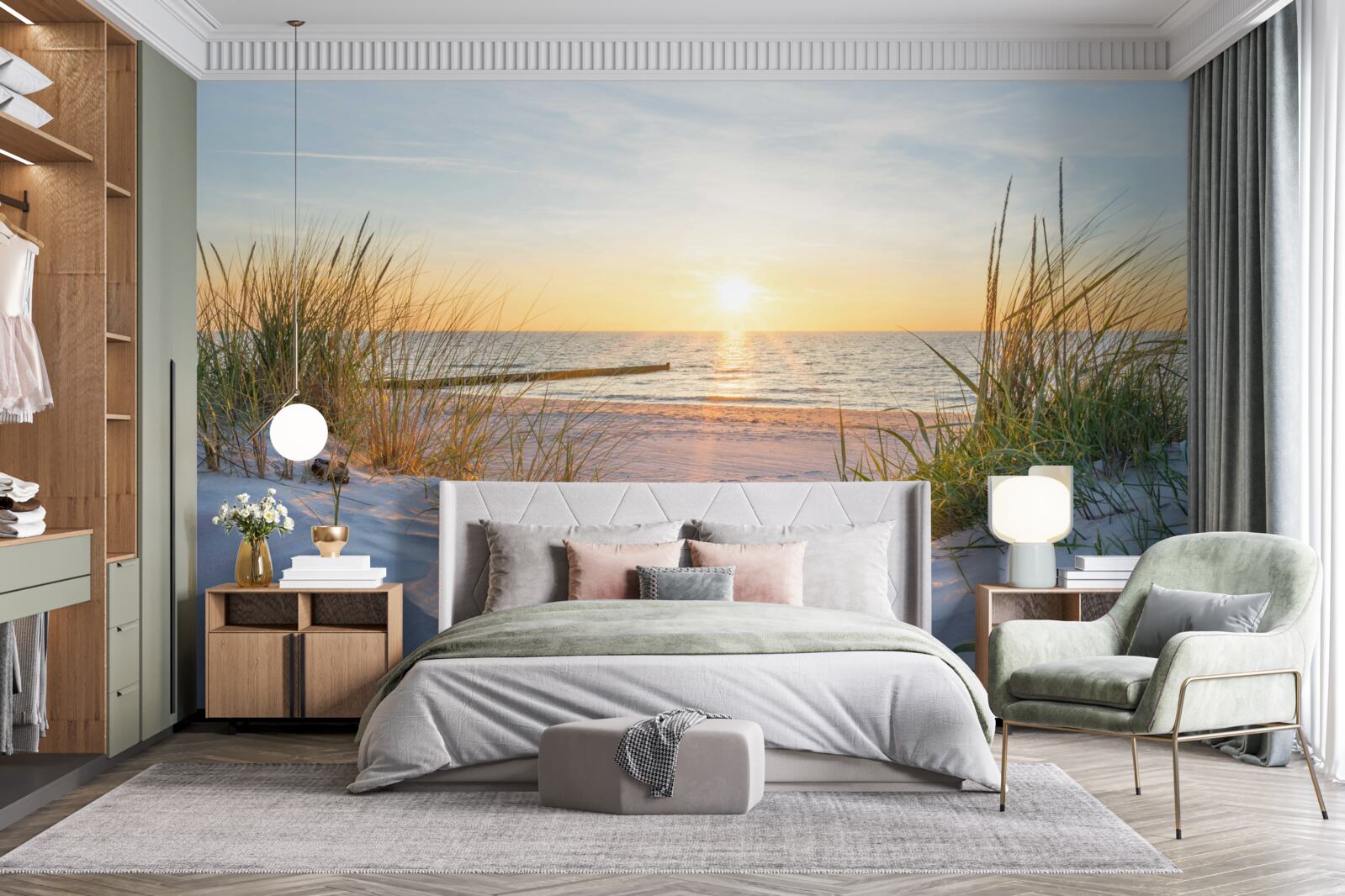 Papier peint la plage de sable est agrémentée d'herbe verte