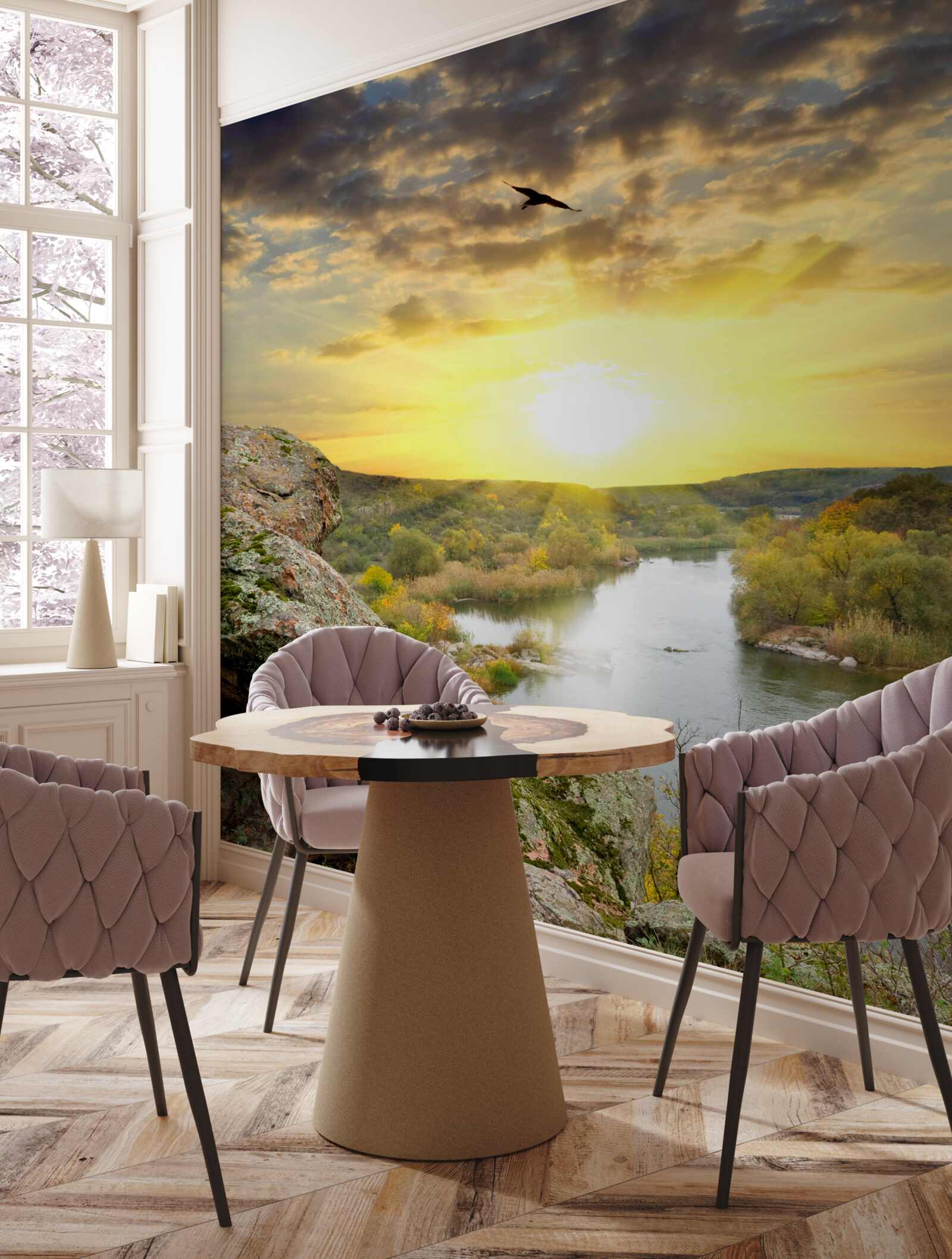 Papier peint le soleil d'automne se transforme en un coucher de soleil frais