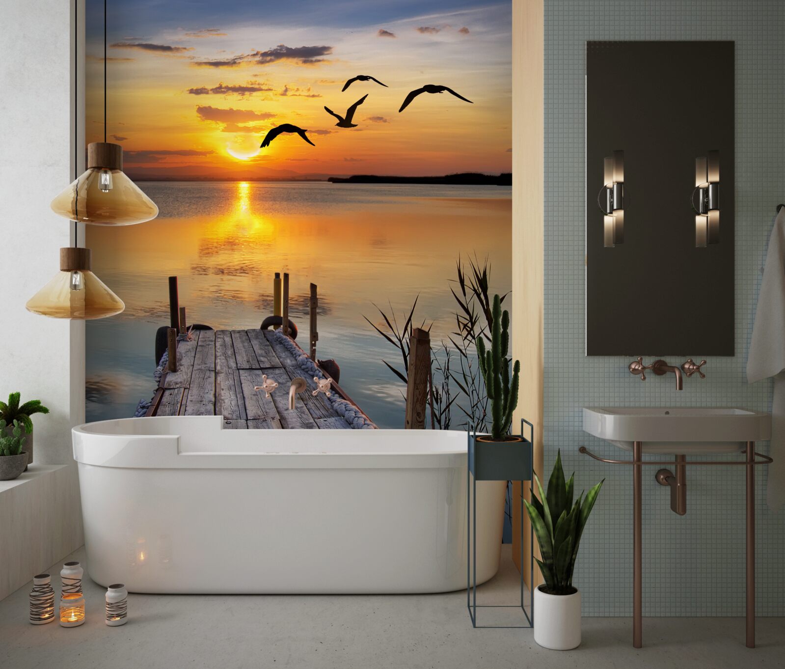 Papier peint un chaud coucher de soleil sur un pont où les mouettes tournent en rond