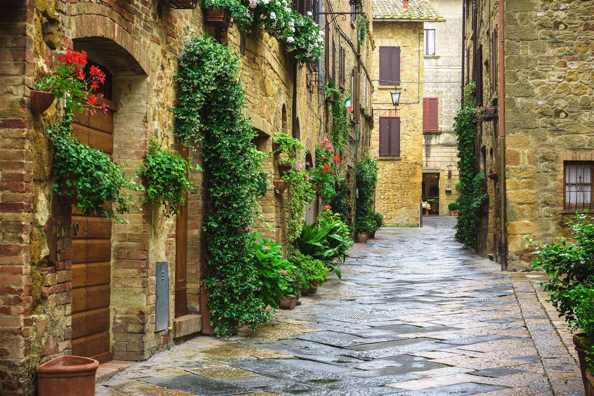 Papier peint rue historique entourée de verdure