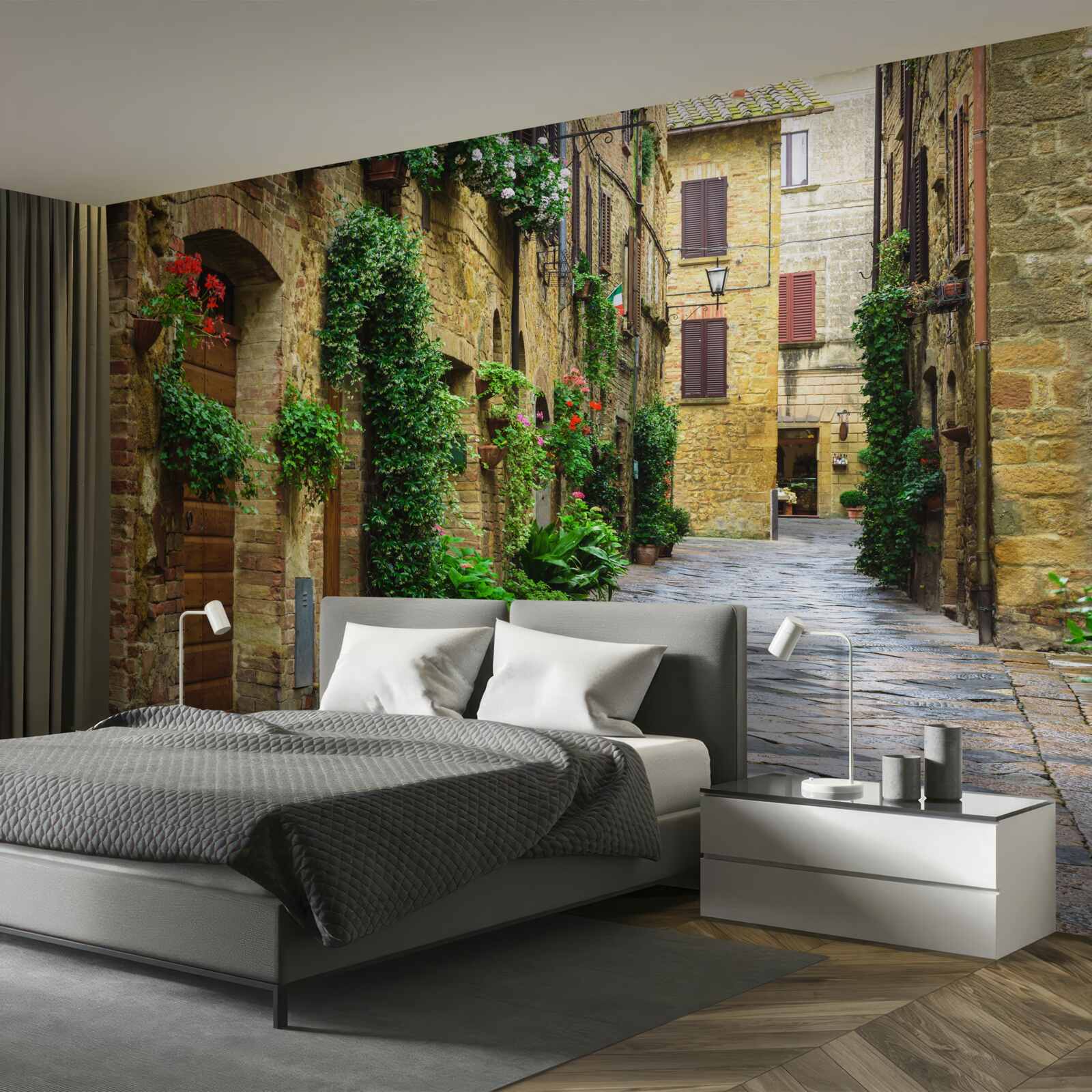 Papier peint rue historique entourée de verdure