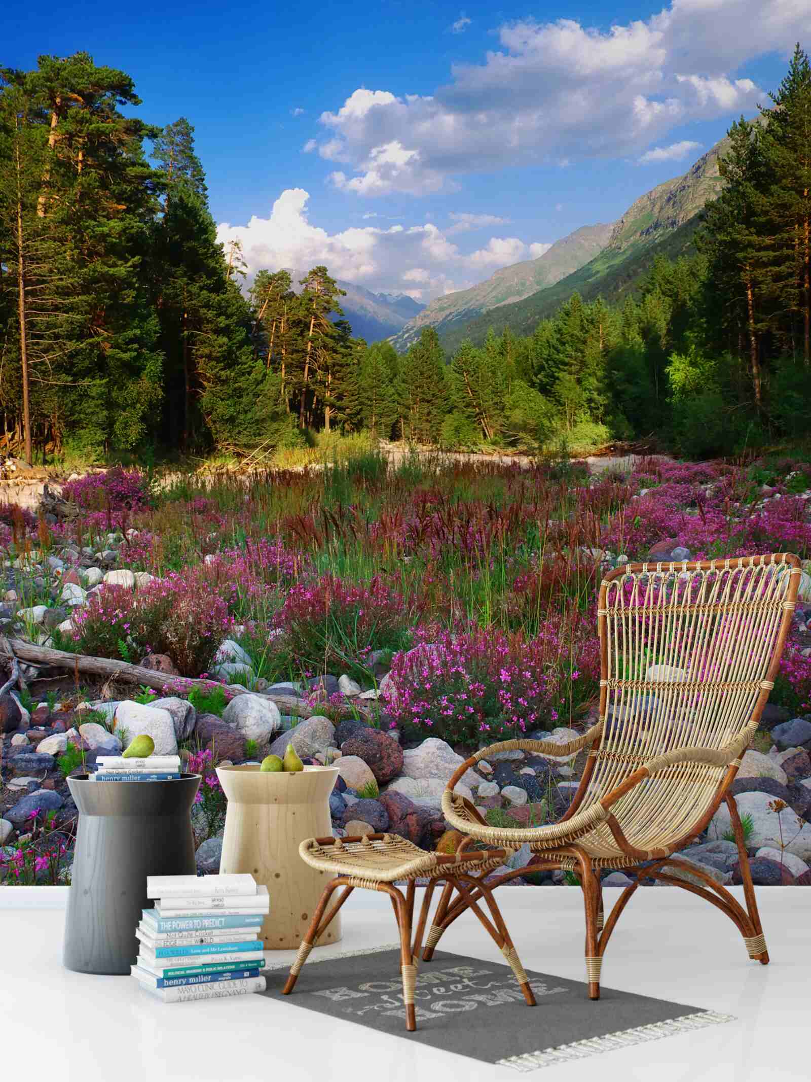 Papier peint blocs multicolores et pin vert