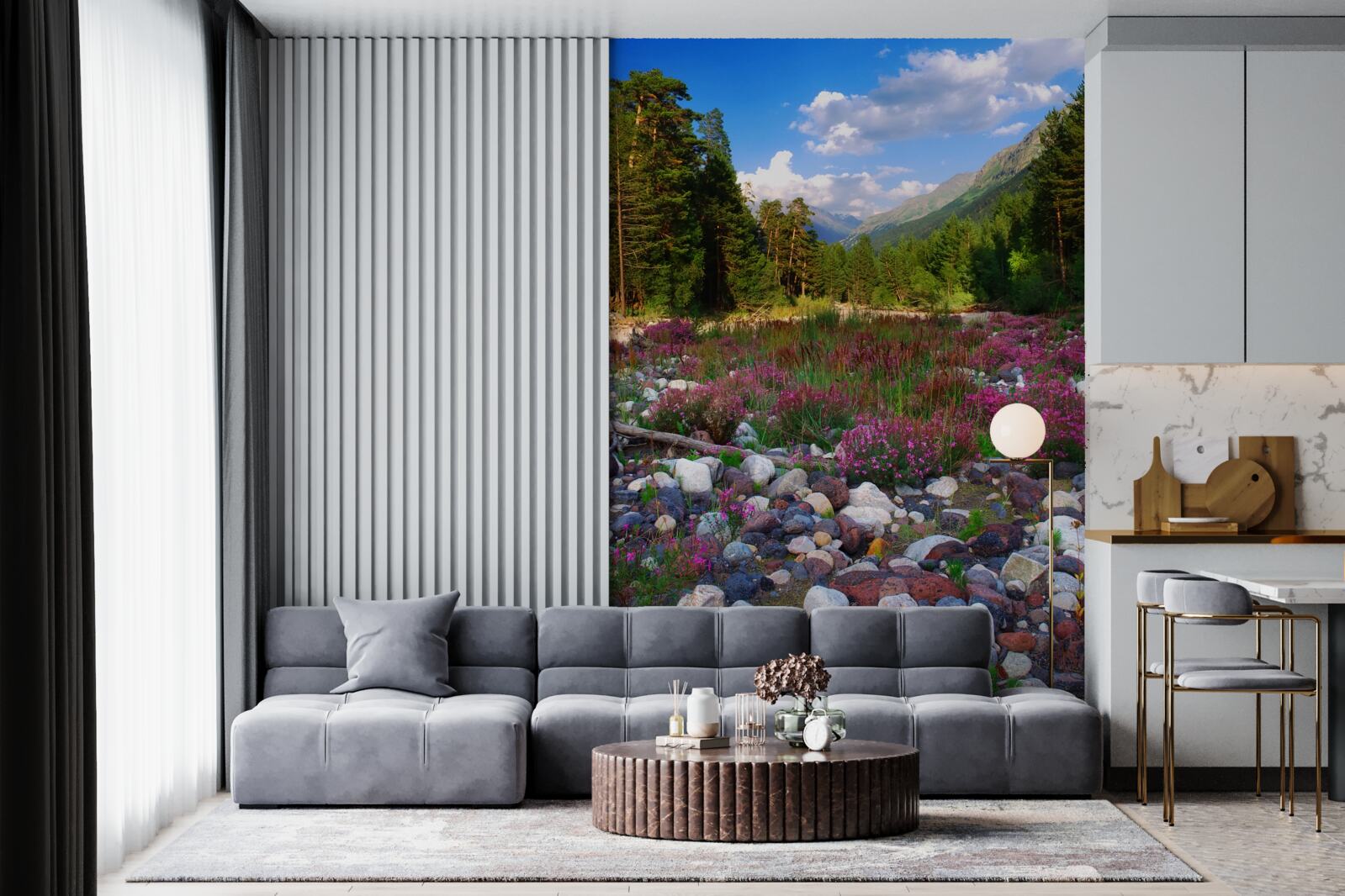 Papier peint blocs multicolores et pin vert