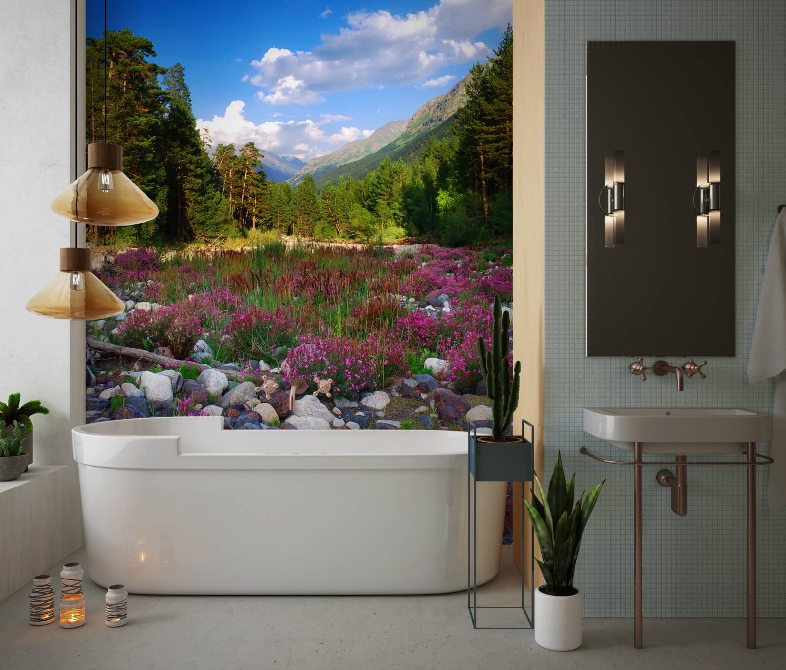 Papier peint blocs multicolores et pin vert