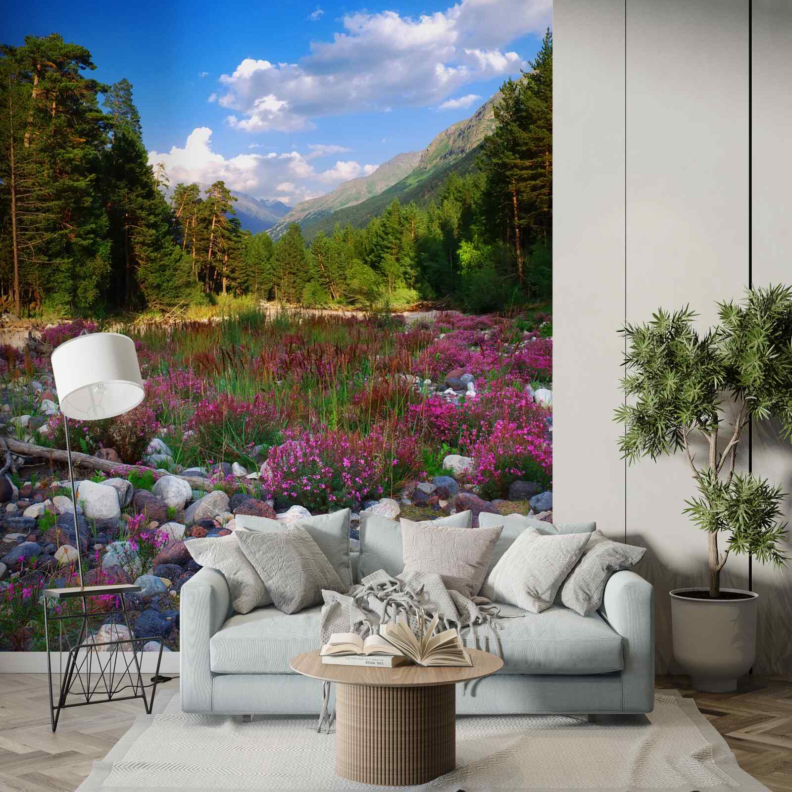 Papier peint blocs multicolores et pin vert