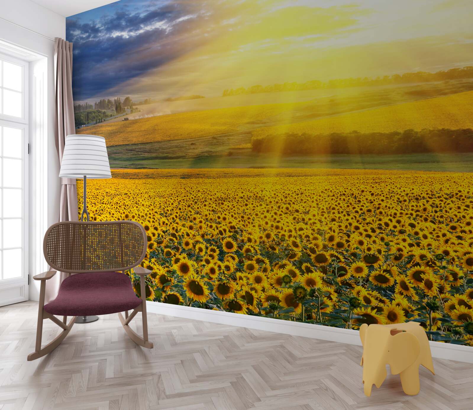 Papier peint le soleil est éclatant sur un champ de tournesols luxuriants