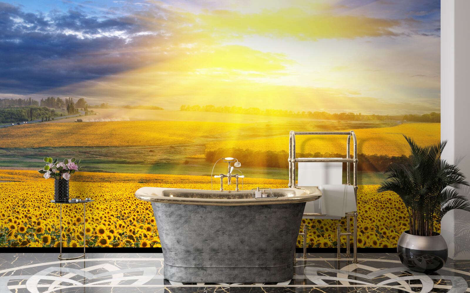 Papier peint le soleil est éclatant sur un champ de tournesols luxuriants